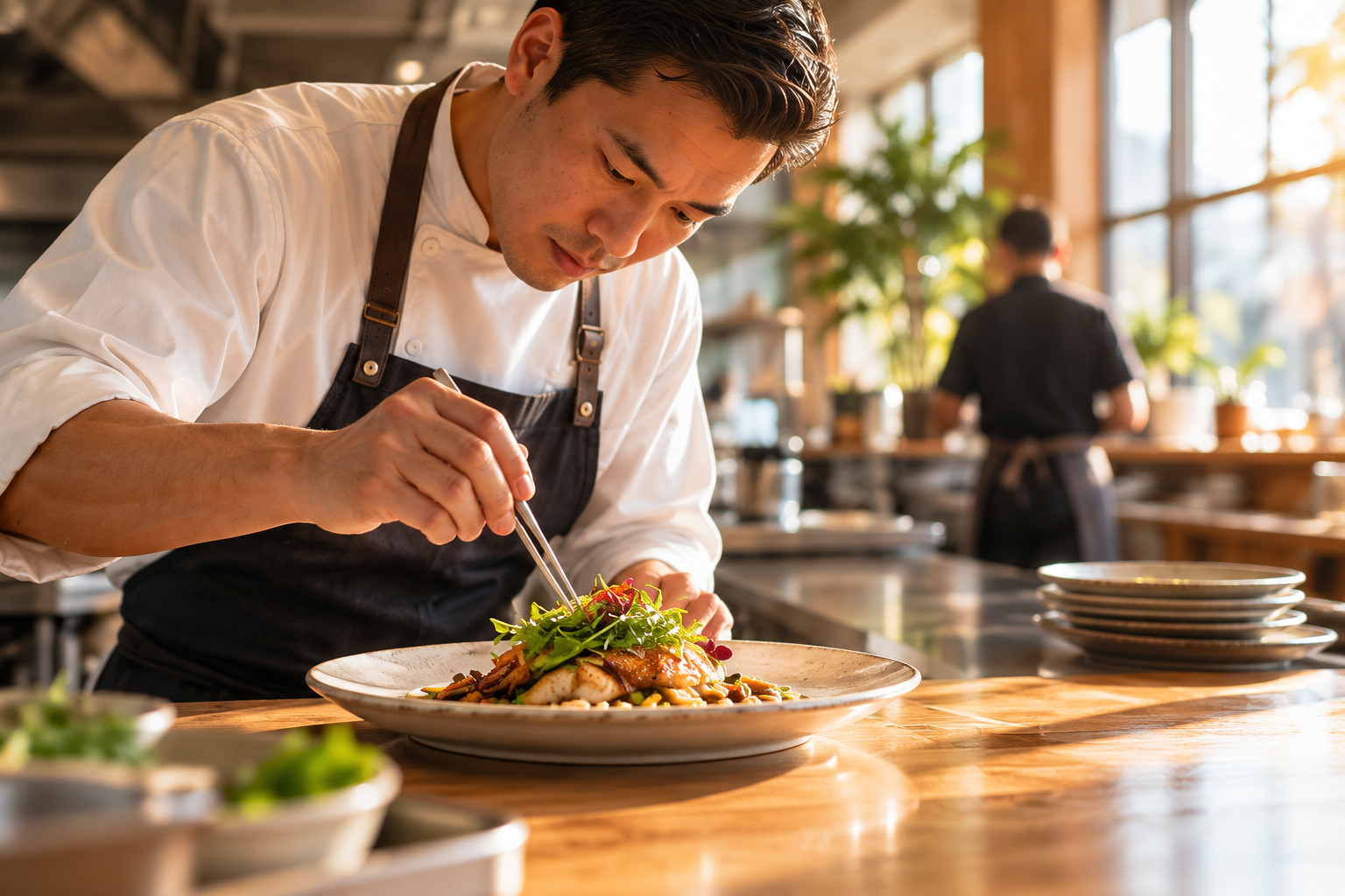 Illustration of a chef carefully finishing a plate in a sunlit restaurant